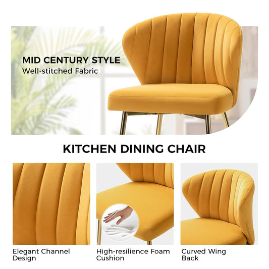 Mustard Yellow Velvet Channel Tufted Dining Chair with Gold Metal Legs