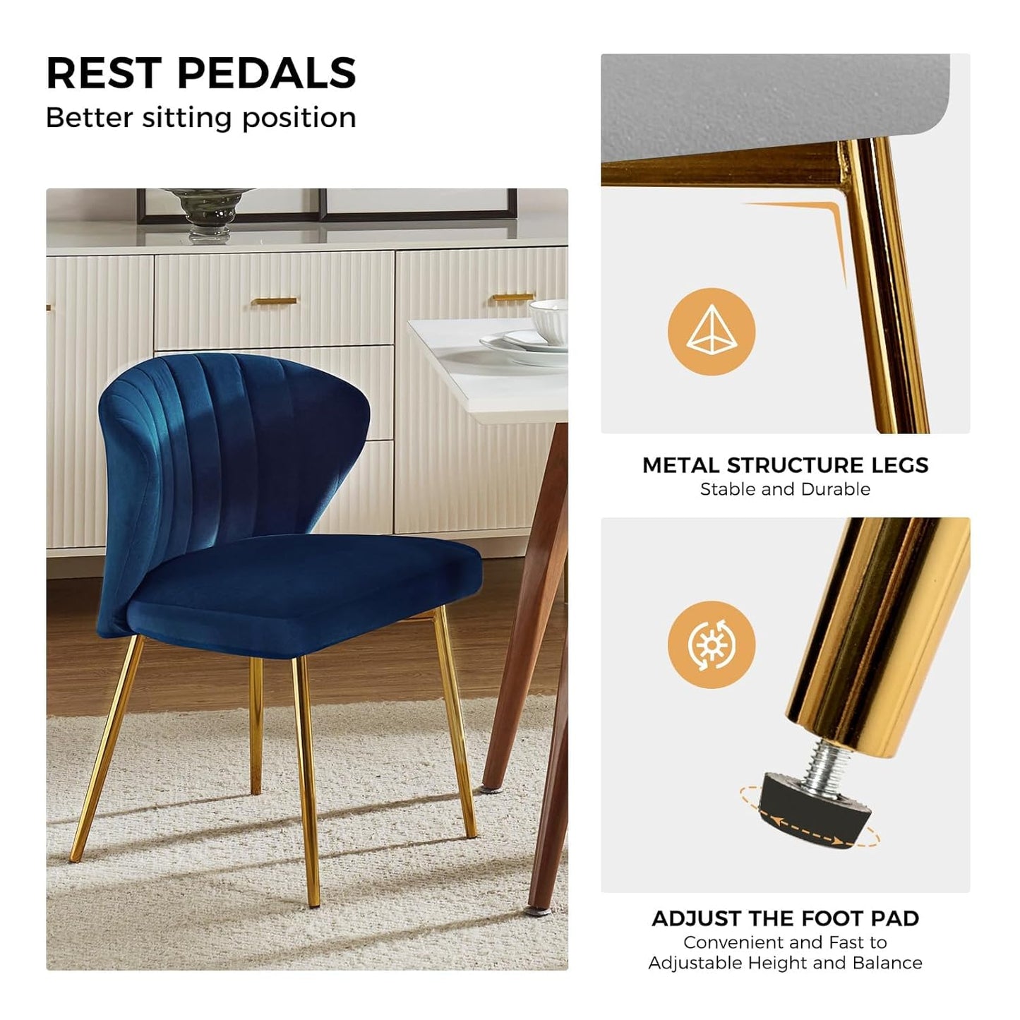 Modern Armless Dining Chair in Navy Blue Velvet and Gold Finish
