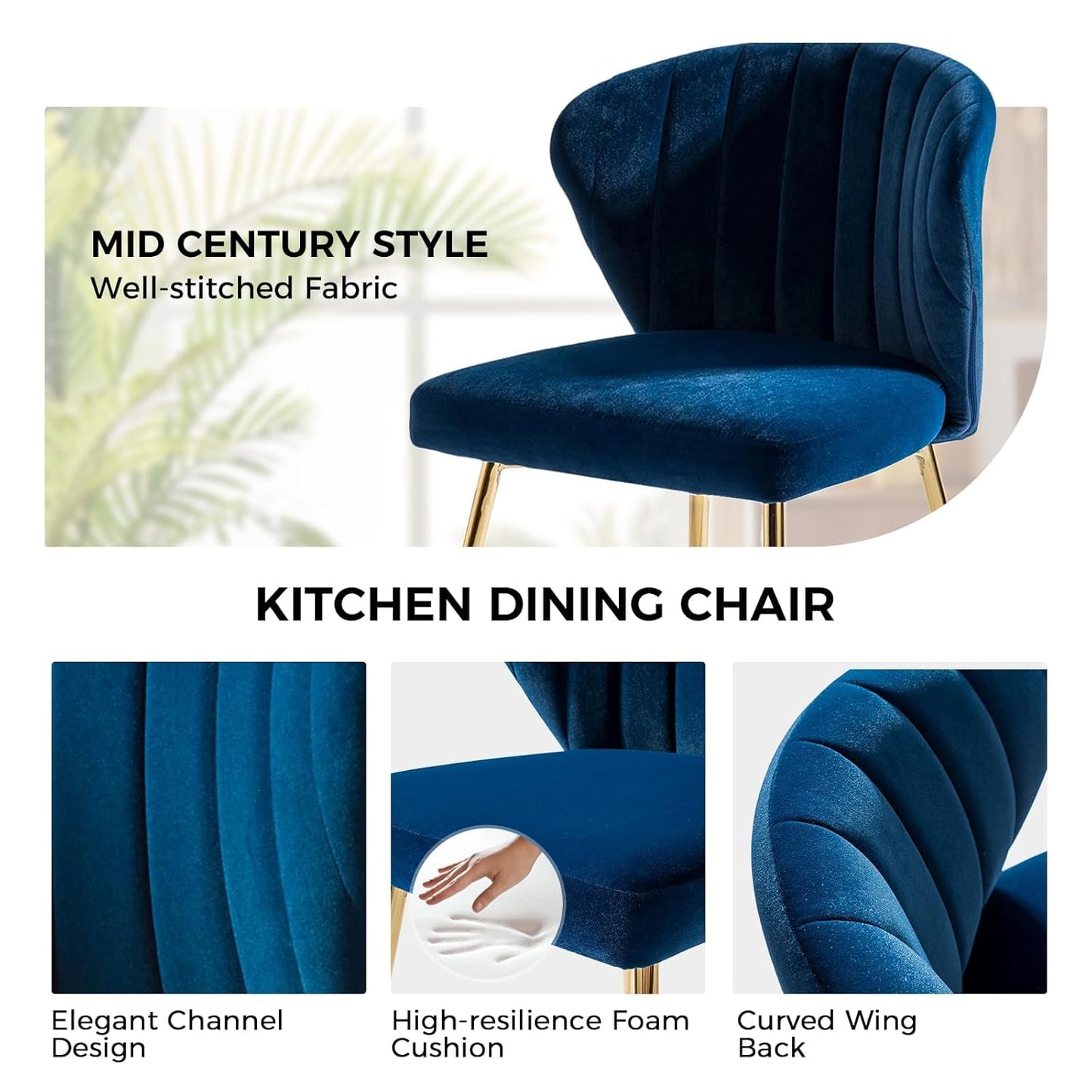 Modern Armless Dining Chair in Navy Blue Velvet and Gold Finish