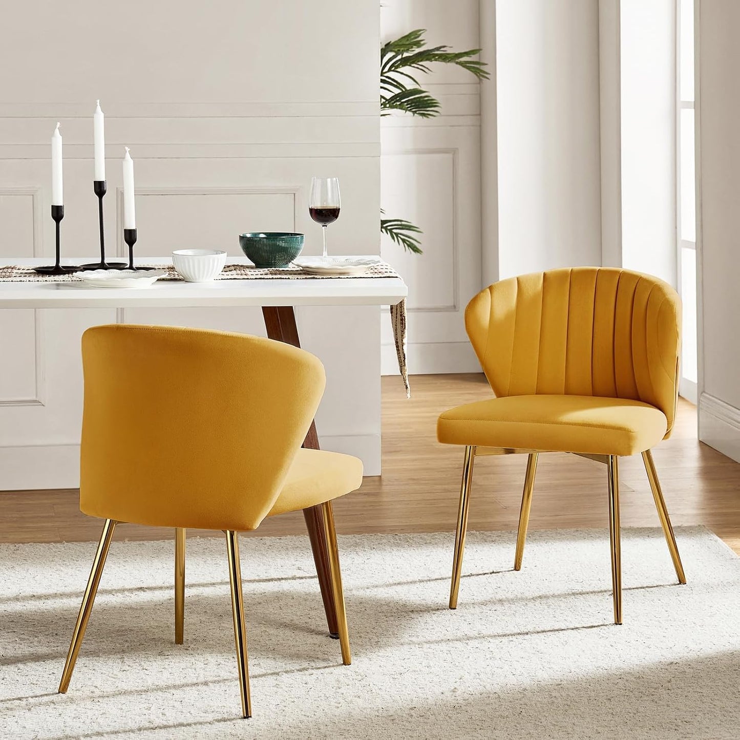 Mustard Yellow Velvet Channel Tufted Dining Chair with Gold Metal Legs