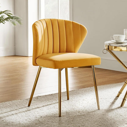 Mustard Yellow Velvet Channel Tufted Dining Chair with Gold Metal Legs
