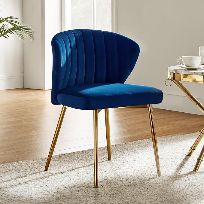 Modern Armless Dining Chair in Navy Blue Velvet and Gold Finish